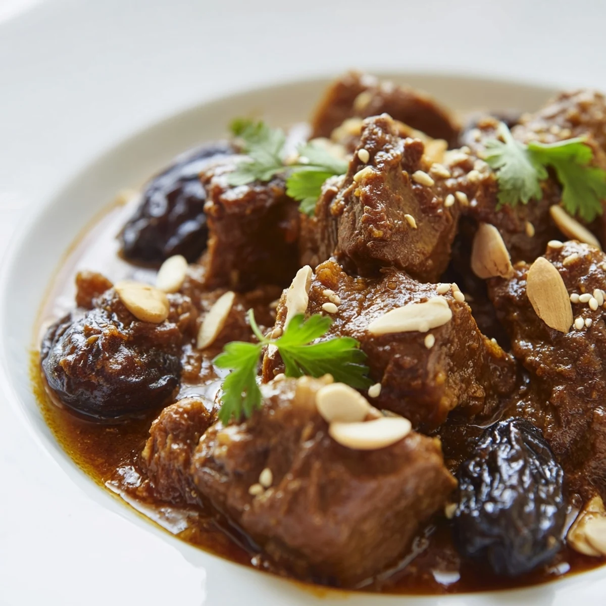 Garnished with toasted almonds and fresh cilantro, this Slow Cooked Lamb Tagine with Prunes sits over fluffy couscous.