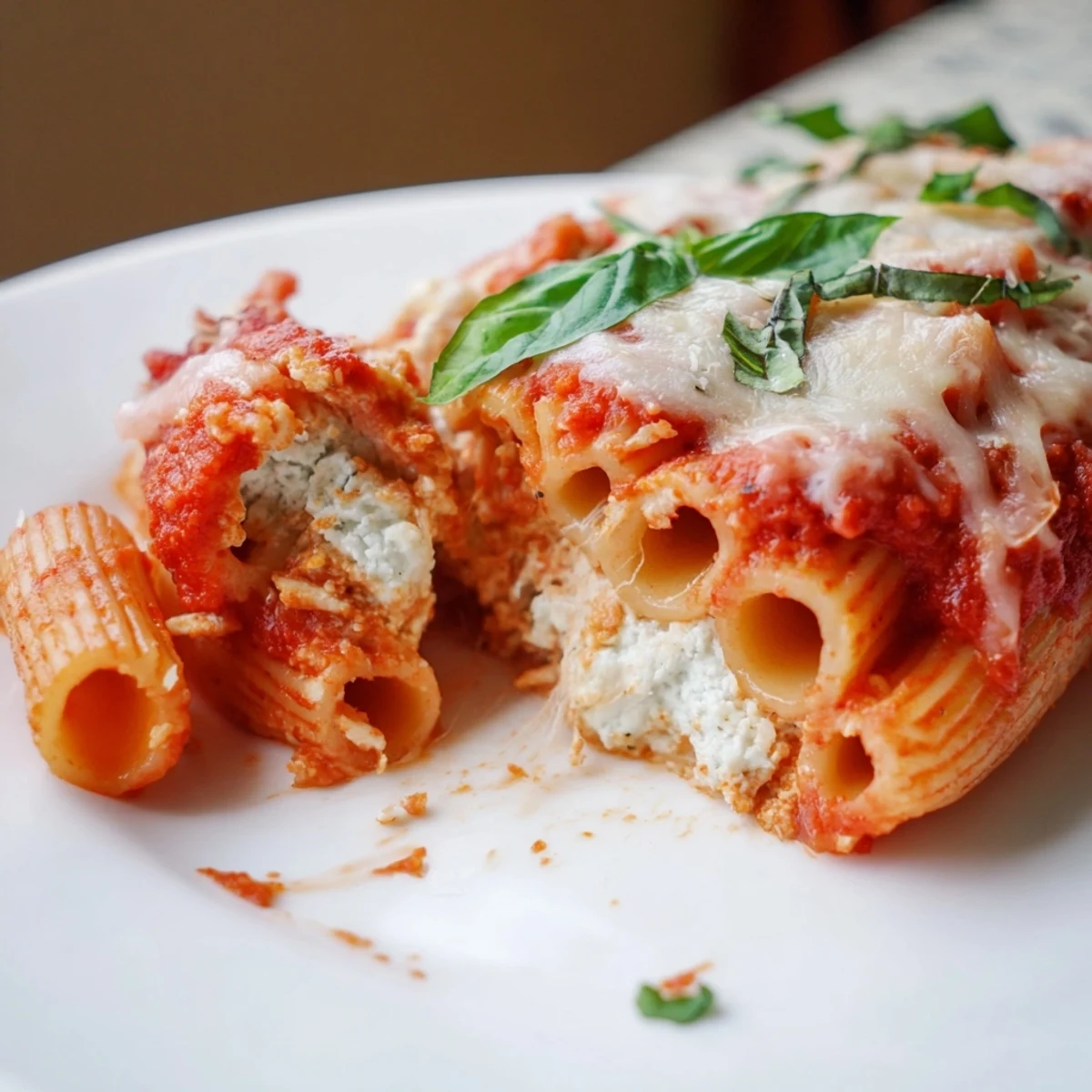 Golden, bubbly mozzarella tops layers of baked ziti with ricotta and marinara in a white dish, garnished with fresh basil.