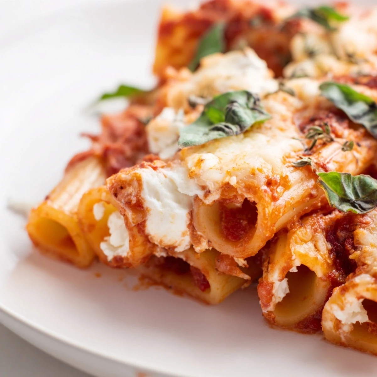 Steam rises from a spoonful of baked ziti with ricotta and marinara, revealing creamy cheese and rich red sauce.