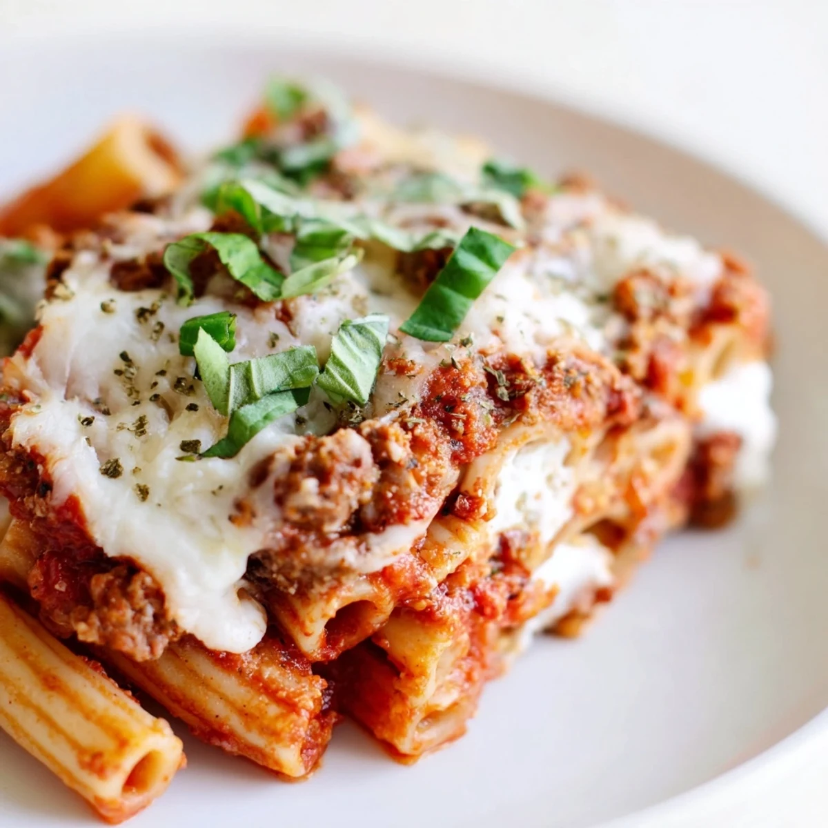 Hearty slices of baked ziti with ricotta and marinara are plated next to a crisp salad and warm garlic bread.