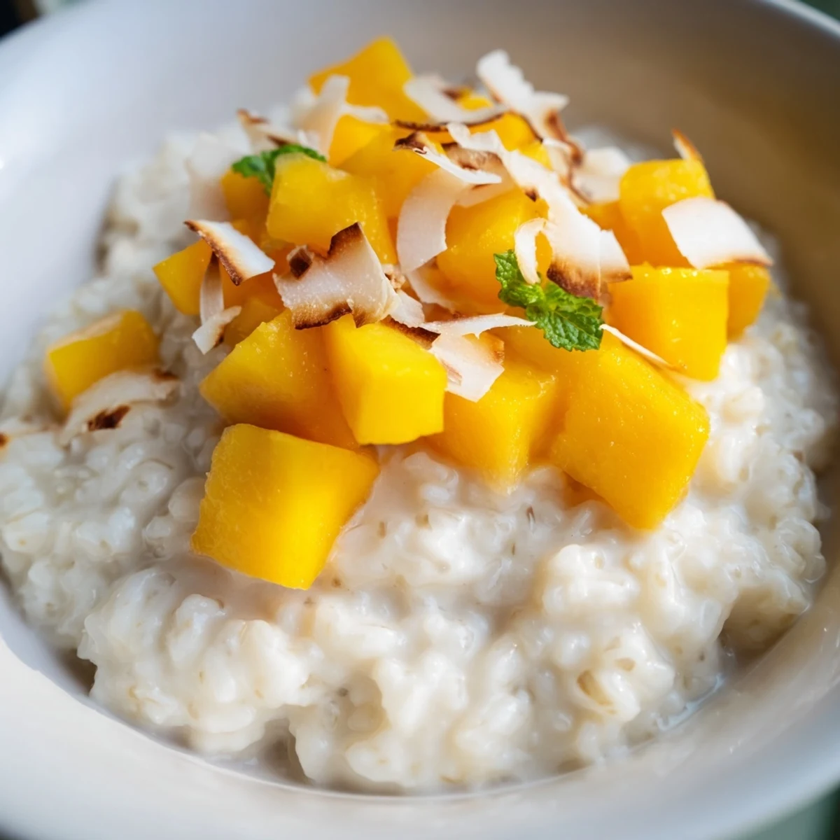 Creamy Coconut Rice Pudding with Mango served warm in a rustic ceramic bowl, featuring fluffy grains in sweet coconut milk and topped with bright, juicy mango chunks.