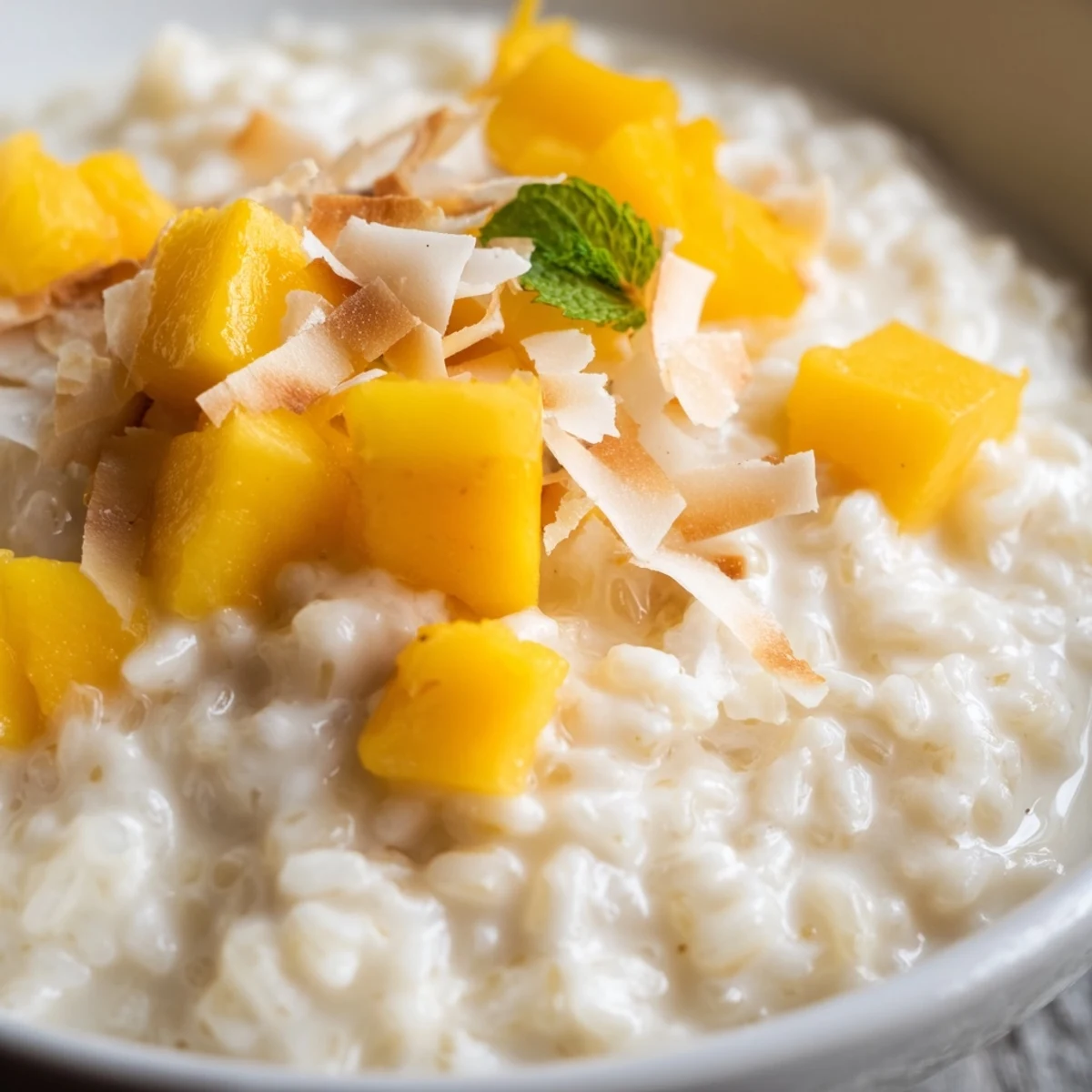 A comforting bowl of Creamy Coconut Rice Pudding with Mango, garnished with toasted coconut flakes and fresh mint leaves, ideal for a tropical dessert finale.