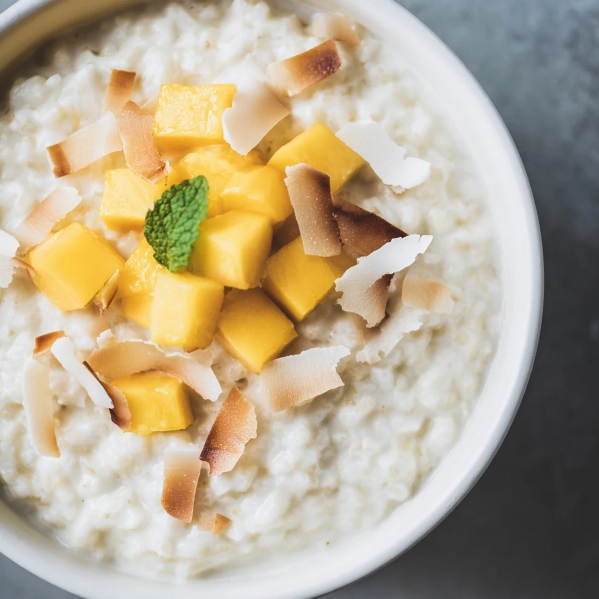 Diced golden mango and a drizzle of sweet coconut cream over Creamy Coconut Rice Pudding with Mango, served alongside a glass of chilled Moscato.