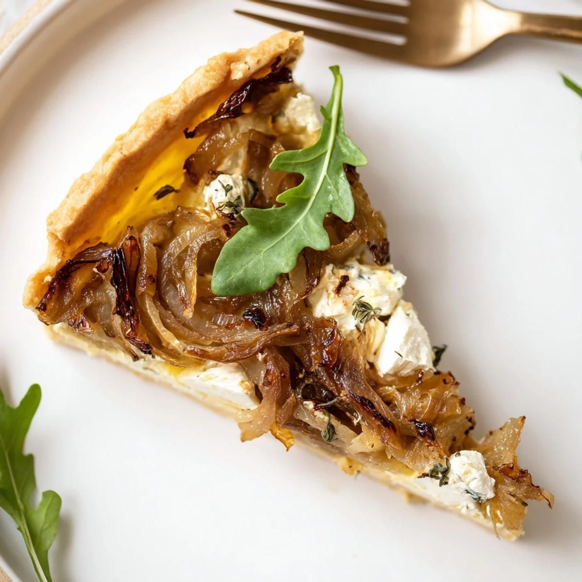 Golden slices of Caramelized Onion and Goats Cheese Tart rest on a white plate, garnished with fresh thyme and arugula.
