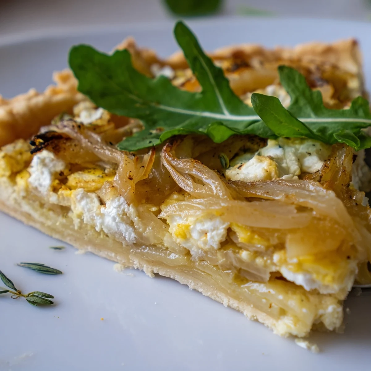 Freshly baked Caramelized Onion and Goats Cheese Tart reveals a flaky crust and creamy, savory filling on a rustic table.