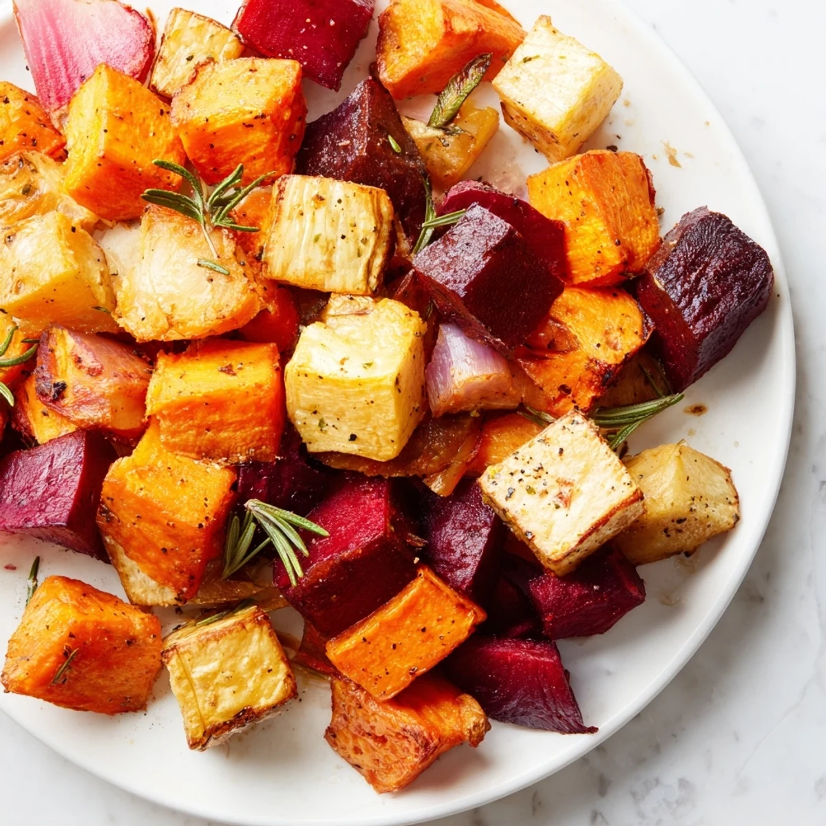 Roasted Root Vegetable Medley with Rosemary on a rustic plate, featuring golden-brown carrots, parsnips, and sweet potatoes.