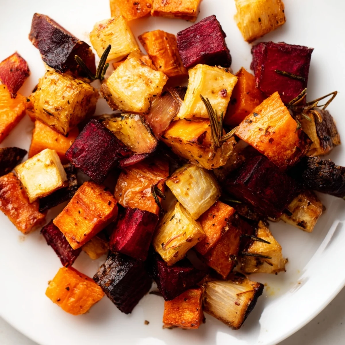 Freshly roasted vegetable medley with rosemary, showcasing tender caramelized beets and rutabaga, perfect for a savory holiday side dish.