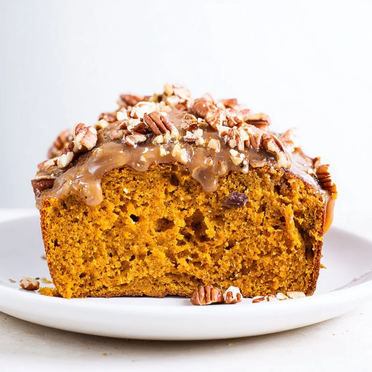 Freshly baked Spiced Pumpkin Latte Loaf Cake drizzled with coffee glaze on a rustic wooden board.