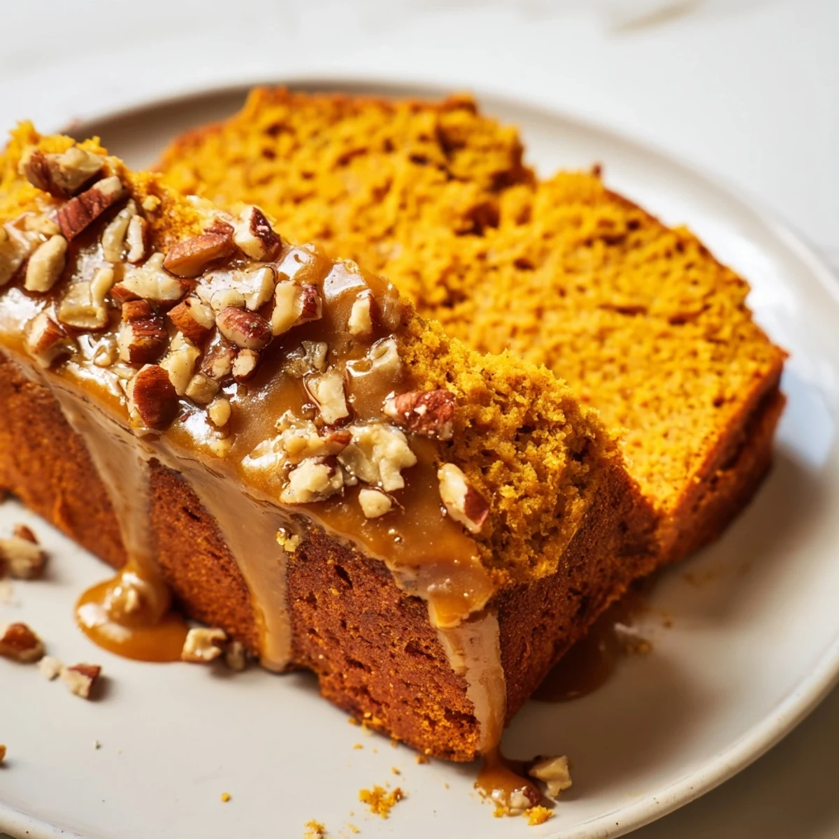 A slice of Spiced Pumpkin Latte Loaf Cake shows a moist crumb and toasted pumpkin seeds on top.