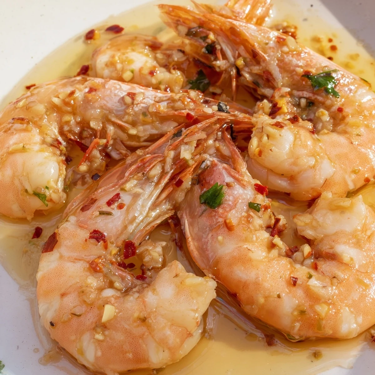Freshly cooked Lemon Garlic Butter Prawns with parsley garnish, served hot in a skillet with lemon wedges and crusty bread.
