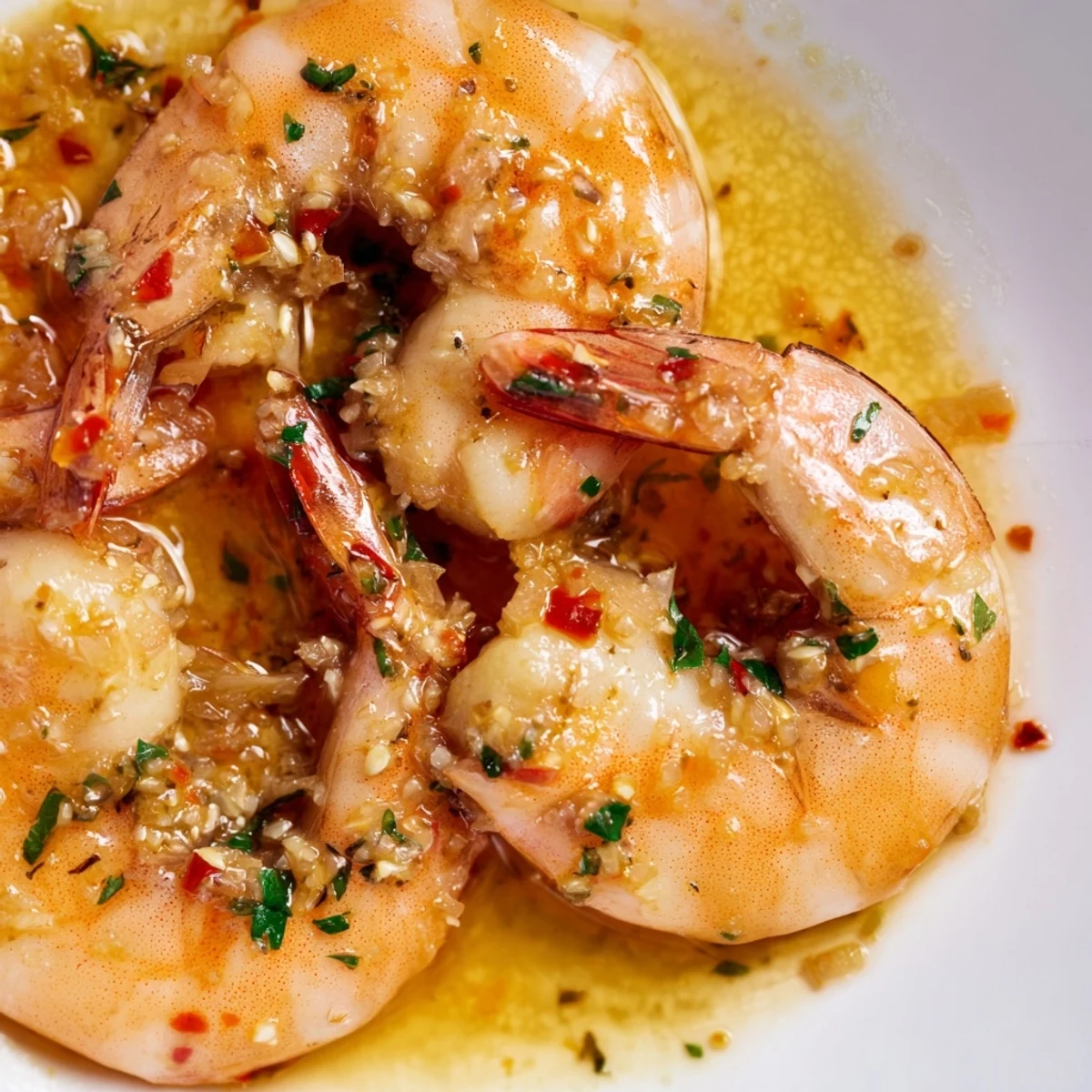 Sizzling large prawns tossed in a rich lemon garlic butter sauce, topped with chopped parsley on a dinner plate.