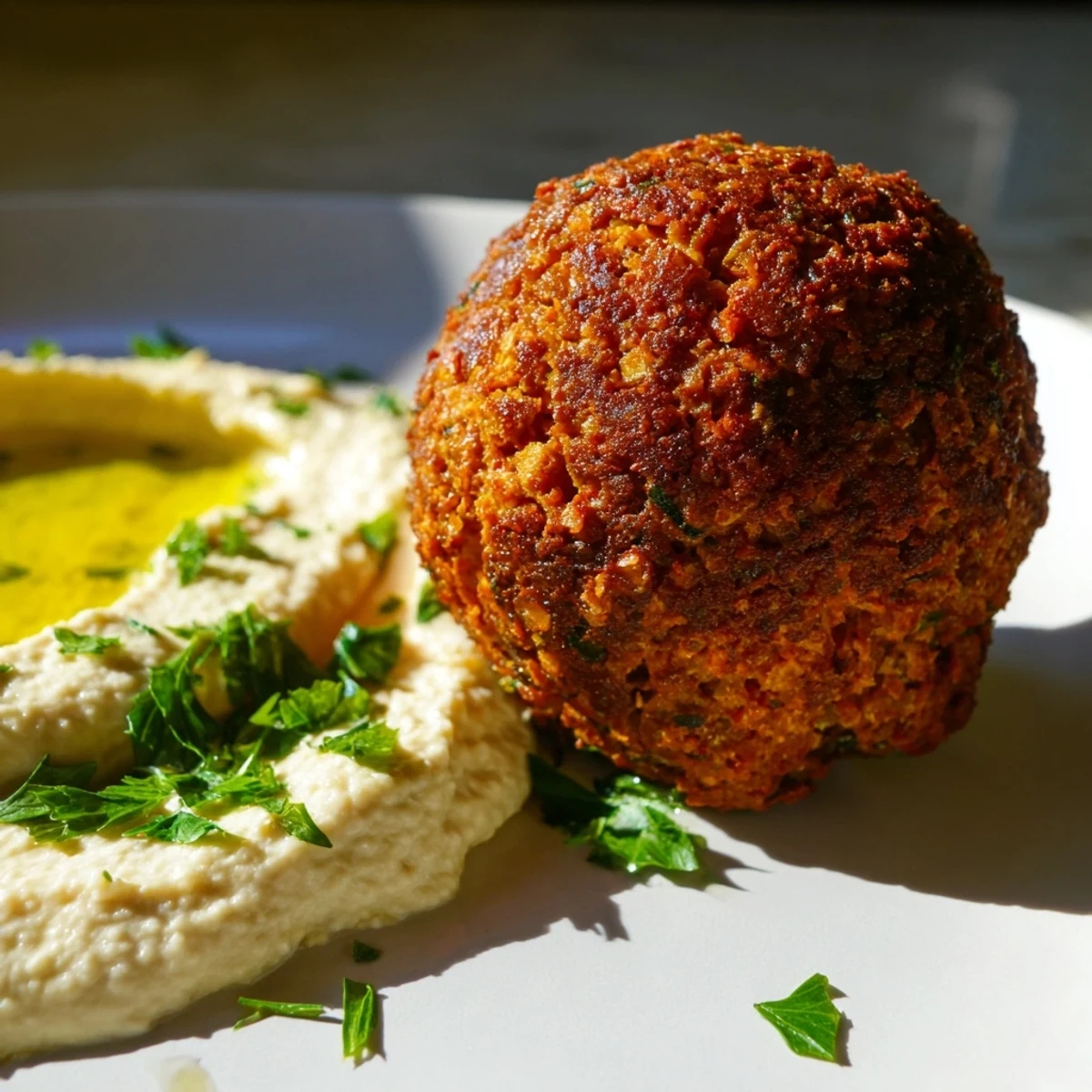 Crispy Herb Falafel with Hummus is plated with cucumber slices, tomatoes, and warm pita bread for a colorful spread.