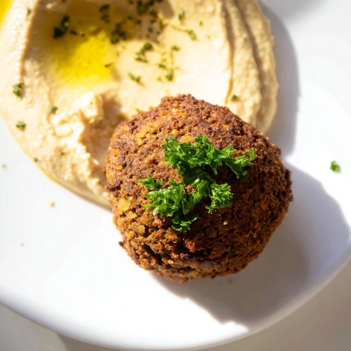 Freshly fried Crispy Herb Falafel with Hummus shows golden-brown exteriors and warm green herbs on a rustic plate.