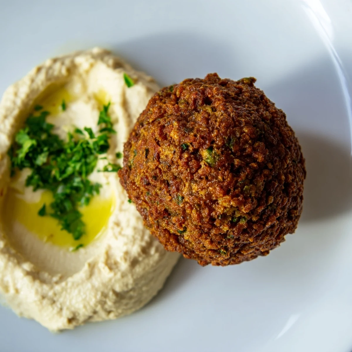 The image displays a bowl of creamy hummus topped with olive oil alongside Crispy Herb Falafel with Hummus.
