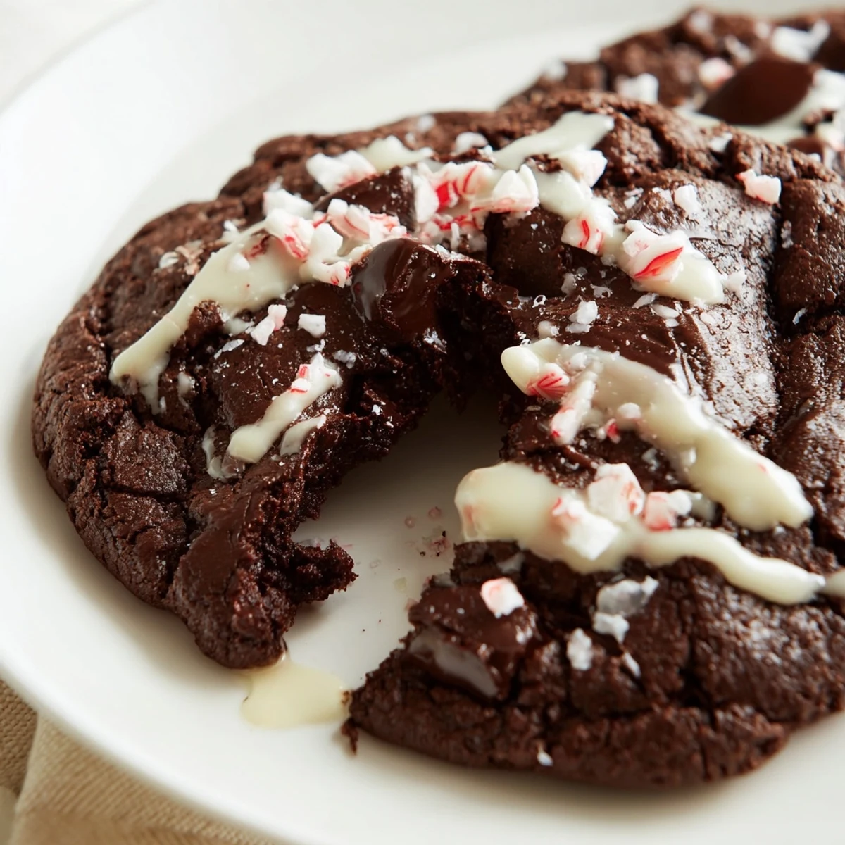 A single Peppermint Mocha Cookie with a white chocolate drizzle, broken in half to reveal a soft, fudgy espresso-infused interior.