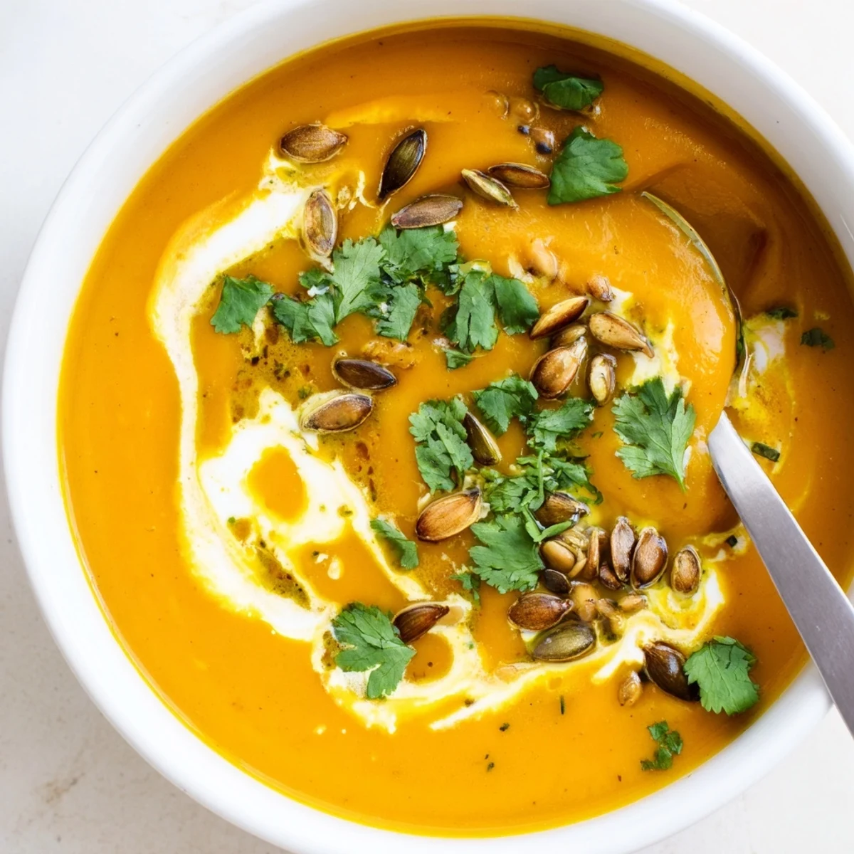Curried butternut squash soup served in a rustic bowl topped with pumpkin seeds.