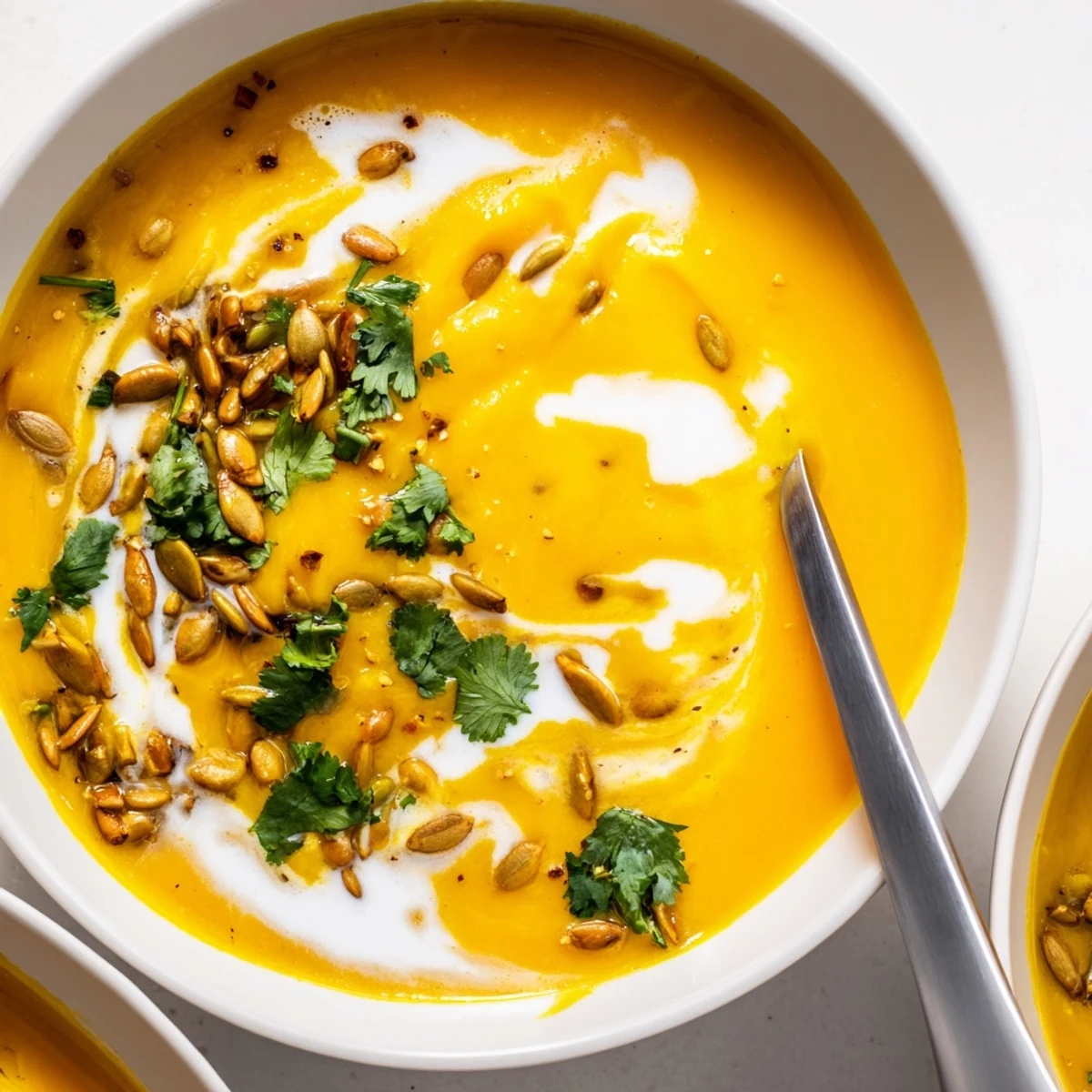 Vibrant orange butternut squash curry soup with a drizzle of coconut milk and cilantro.