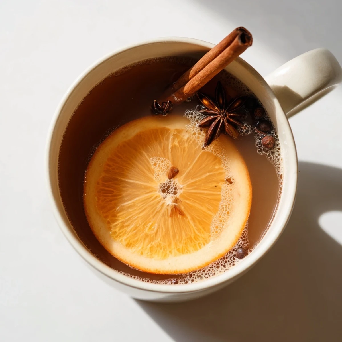 A steaming mug of Spiced Apple Cider with Orange Slices, garnished with a fresh orange wheel and aromatic cinnamon sticks, perfect for chilly autumn evenings.