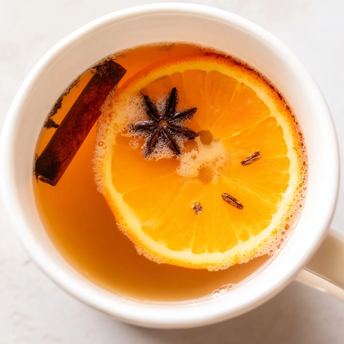 Serving suggestion for warm Spiced Apple Cider with Orange Slices in clear glass mugs, topped with fresh citrus wheels and a drizzle of maple syrup.