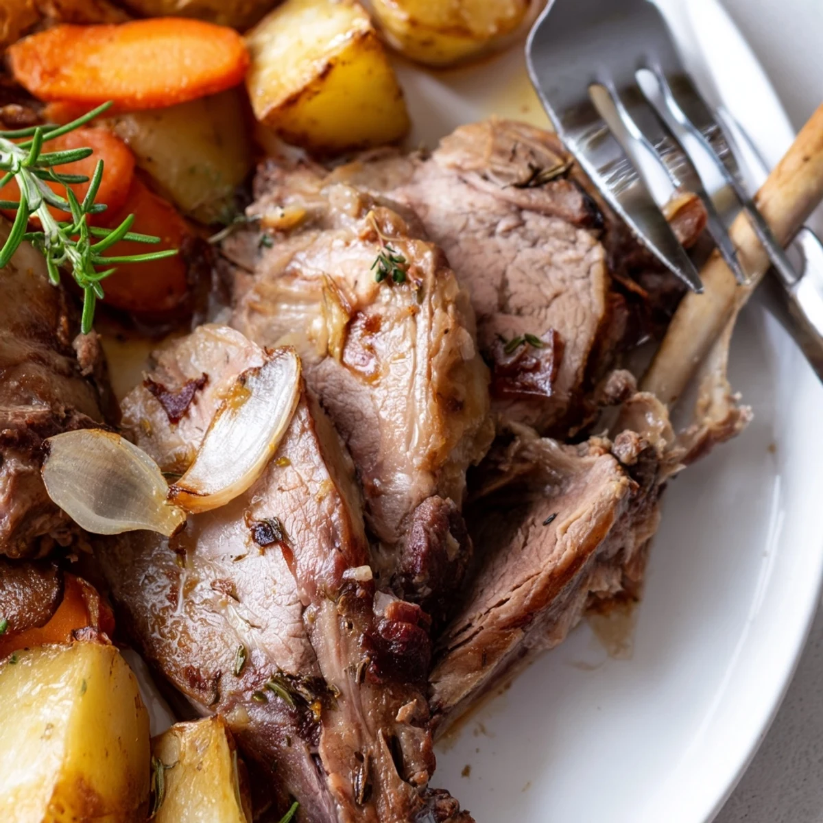 Slices of juicy Roasted Lamb with Potatoes and Carrots are plated next to a lemon wedge and drizzled with pan juices.