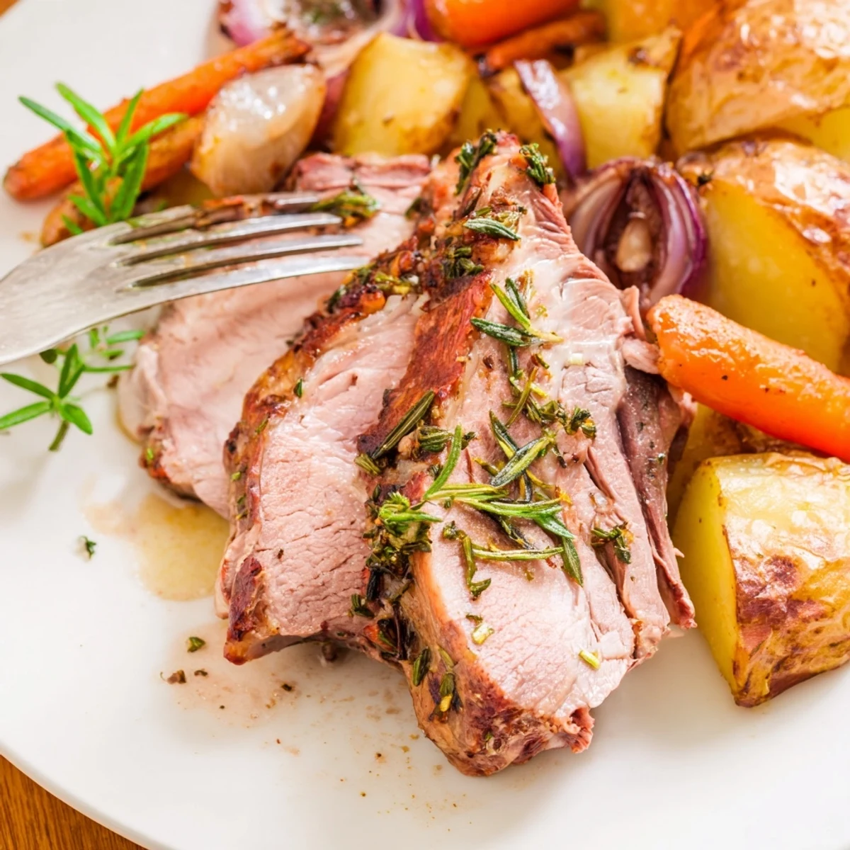 A rustic cast-iron skillet holds Roasted Lamb with Potatoes and Carrots, featuring tender carrots and crispy potatoes for a hearty meal.