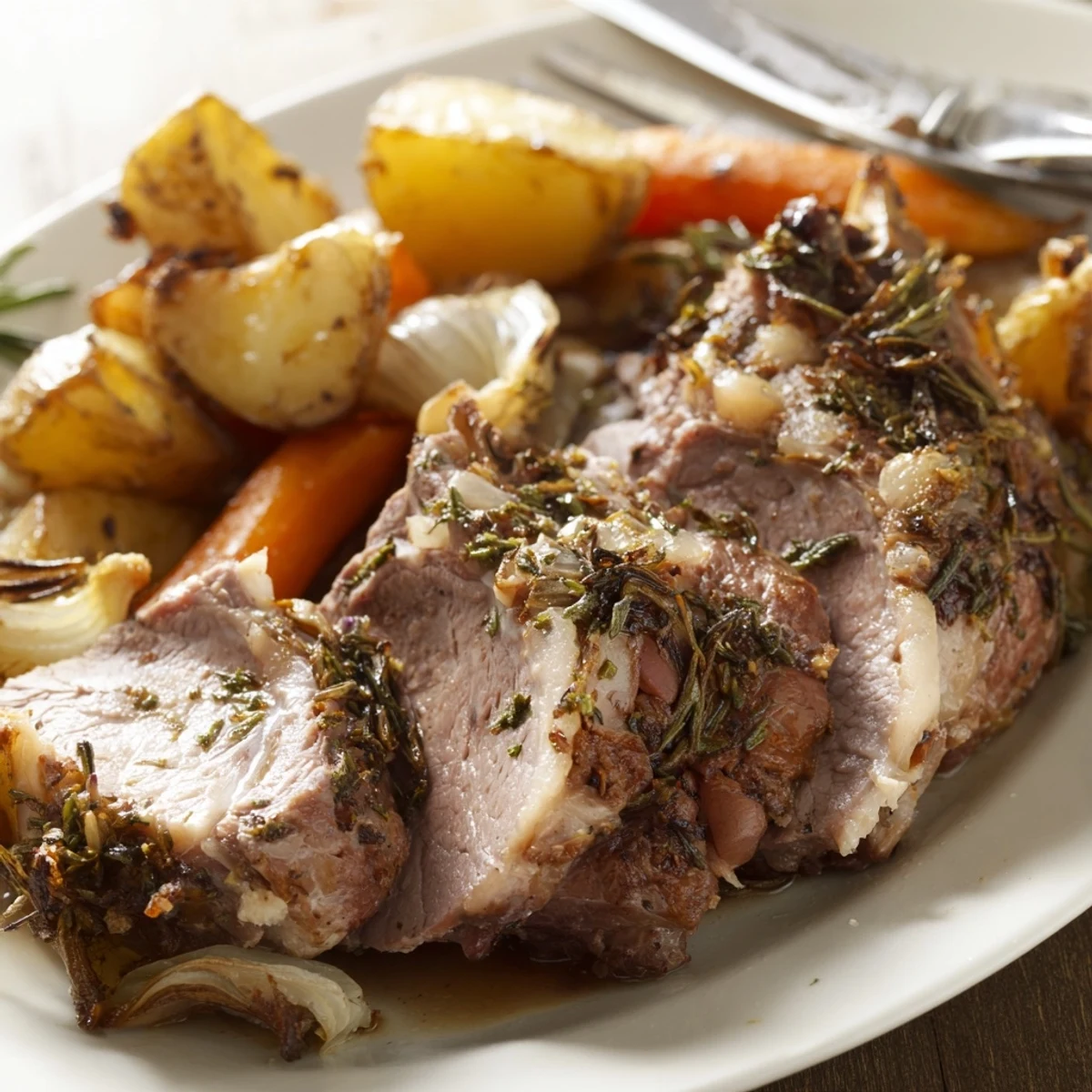 Golden-brown Roasted Lamb with Potatoes and Carrots rests on a baking sheet, garnished with fresh rosemary and thyme sprigs.