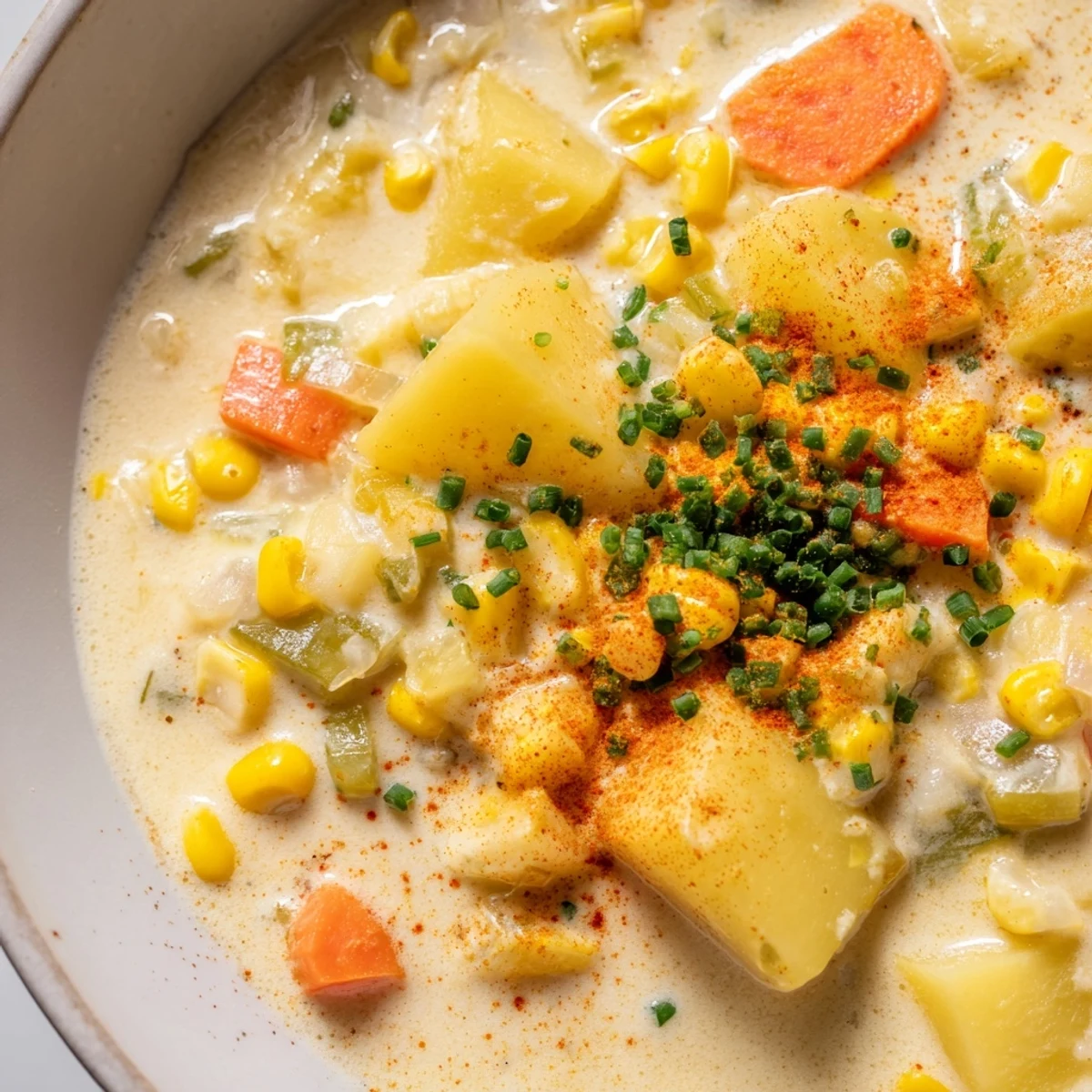 A warm bowl of Creamy Corn Chowder garnished with fresh chives and smoked paprika, served alongside crusty bread.