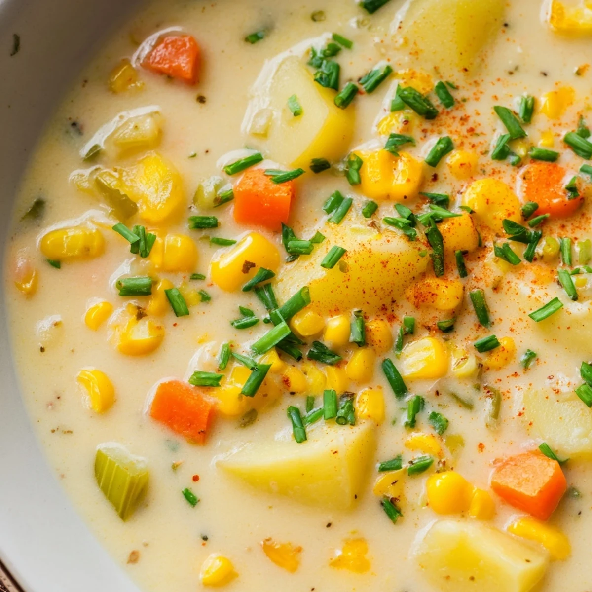 Vibrant Creamy Corn Chowder simmering in a Dutch oven, showing golden corn, diced potatoes, and a velvety broth.