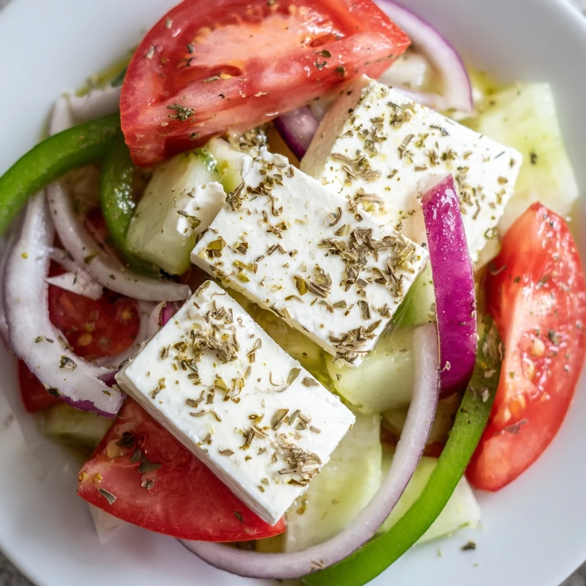Freshly cut tomatoes, cucumber, and crisp bell peppers topped with Greek Salad with Kalamata Olives and Feta.