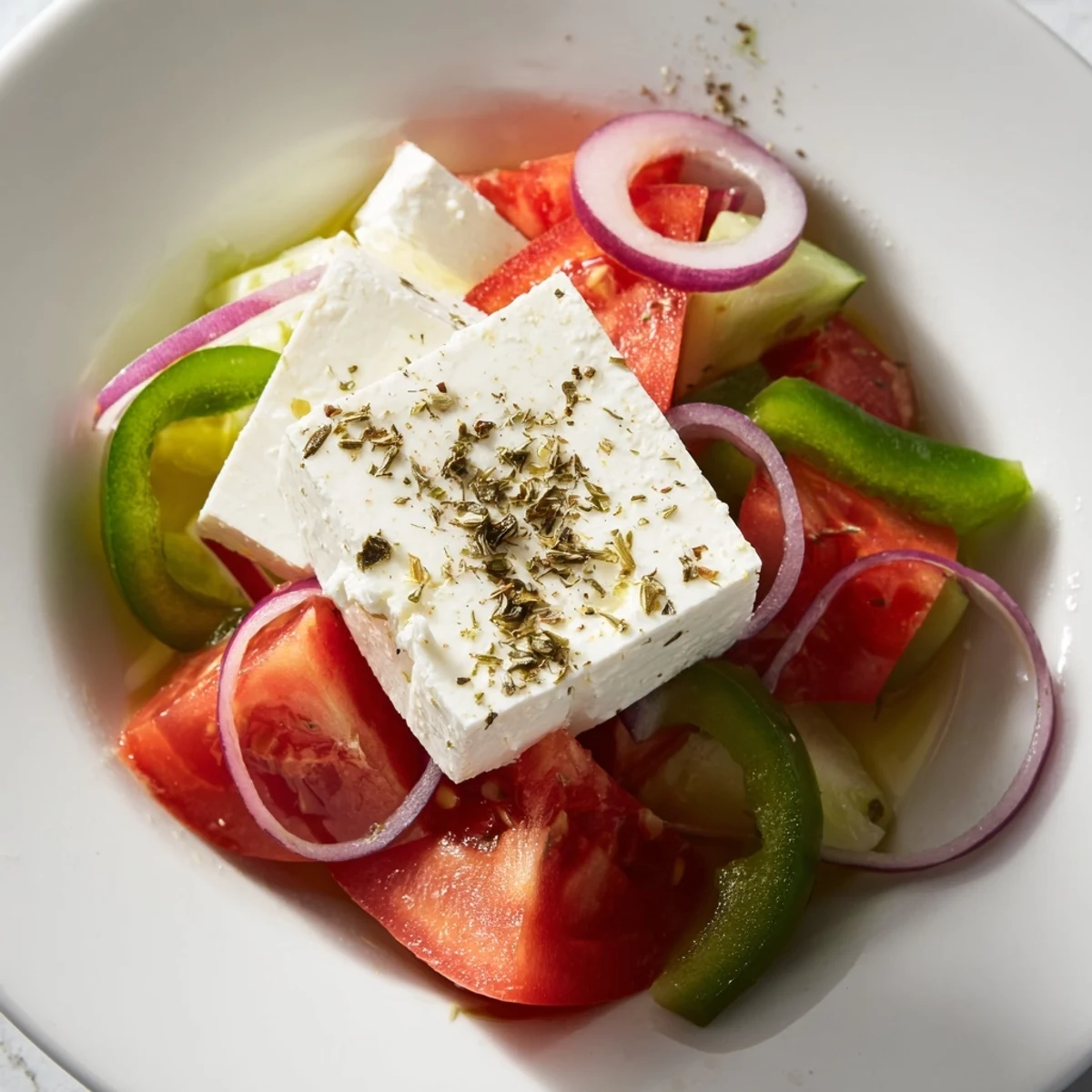Crumbled feta cheese and briny Kalamata olives tossed in a Greek Salad with vibrant red onion slices.