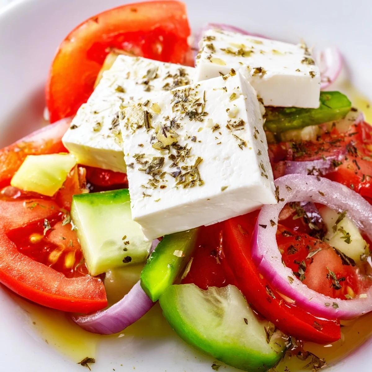 Classic Greek Salad with Kalamata Olives and Feta served on a white plate with fresh oregano garnish.