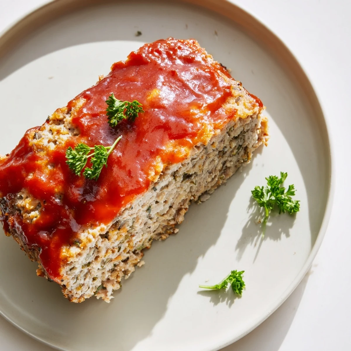 Golden-brown Turkey Meatloaf with Tomato Glaze cooling on a wooden cutting board before slicing.