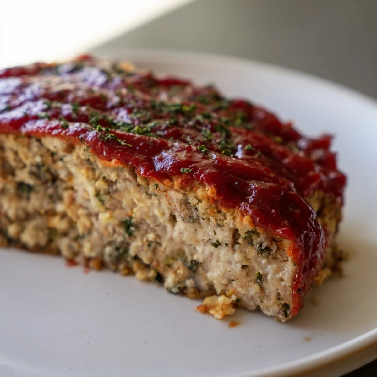 Freshly baked Turkey Meatloaf with Tomato Glaze served alongside creamy mashed potatoes and green beans.