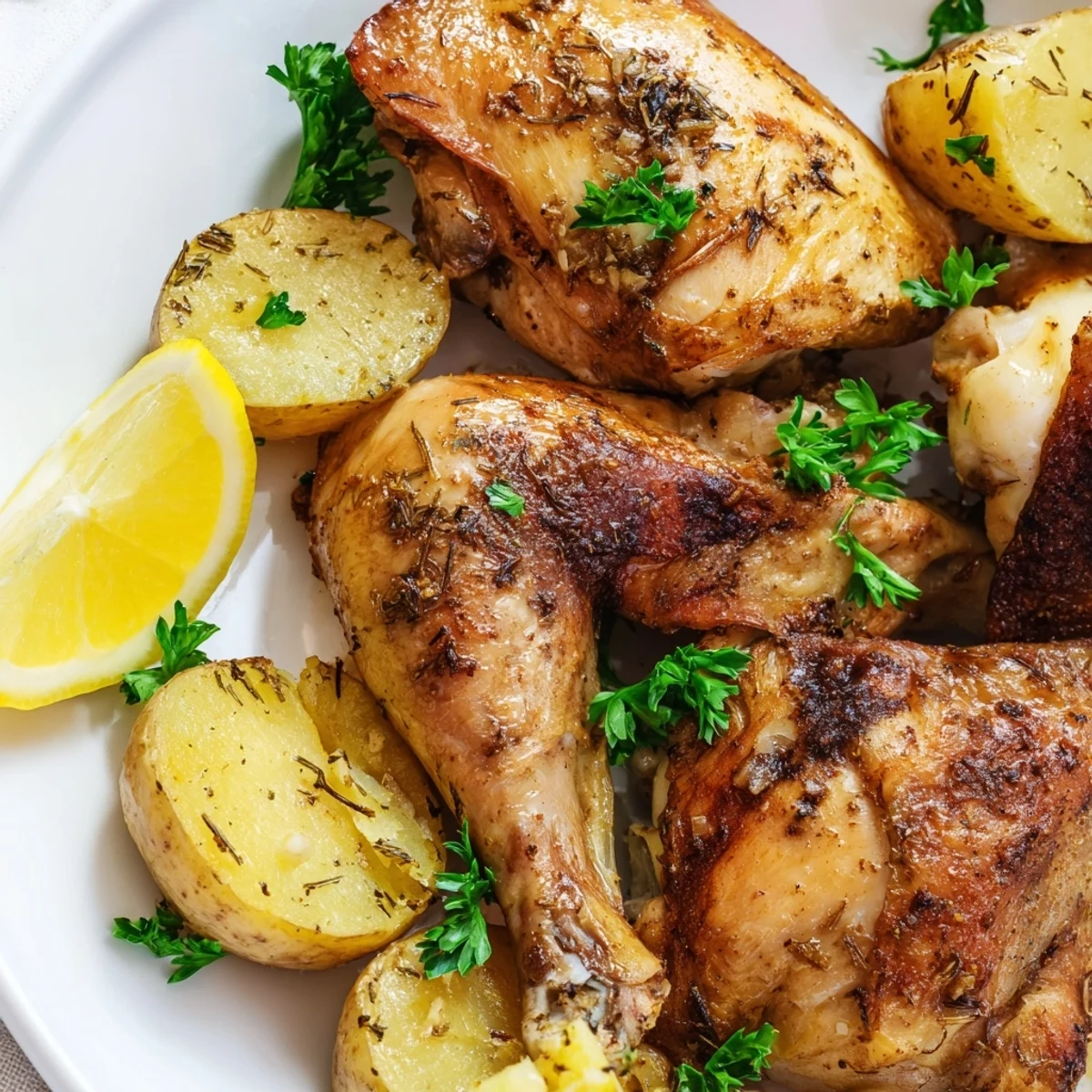 Freshly baked Lemon Garlic Roasted Chicken with Potatoes shows juicy meat, crispy skin, and tender herbs in the pan.