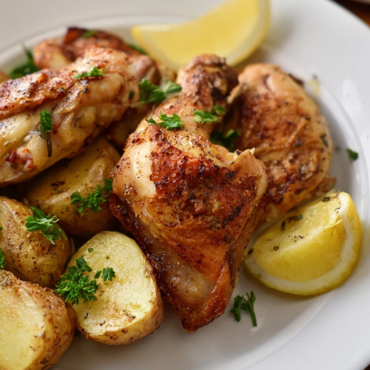 Golden-brown Lemon Garlic Roasted Chicken with Potatoes rests on a platter, garnished with fresh parsley and lemon wedges.