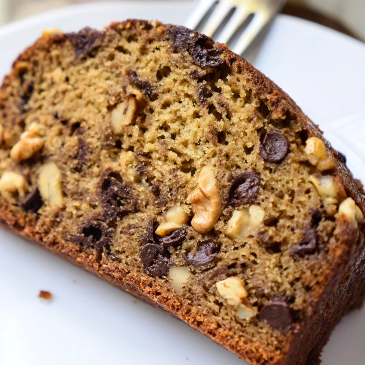 Warm Chocolate Chip Banana Bread with Walnuts slices served on a plate with a pat of butter melting.