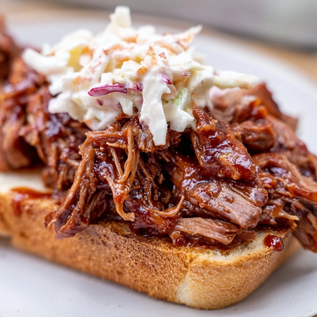 Golden-brown slow cooker pulled beef sandwiches piled high on soft buns, topped with creamy coleslaw.