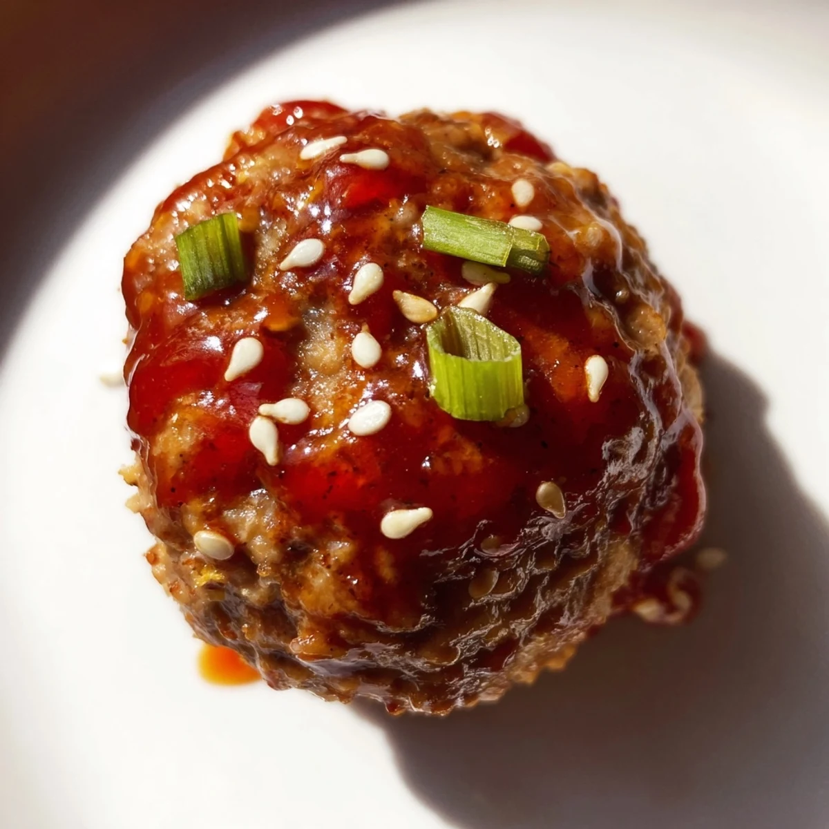 Freshly baked Spicy Sriracha Beef Meatballs glazed in a sweet and tangy sauce, served on a platter with chopped green onions and sesame seeds.