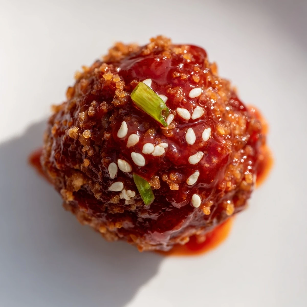 Golden-brown Spicy Sriracha Beef Meatballs tossed in a sticky red glaze, ready to be served as an appetizer or over steamed white rice.