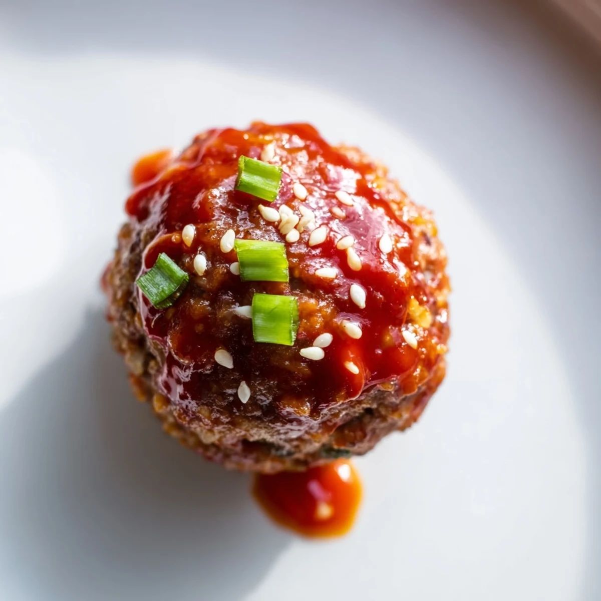 Glossy Spicy Sriracha Beef Meatballs garnished with fresh scallions and sesame seeds, perfect for a quick weeknight dinner or party platter.
