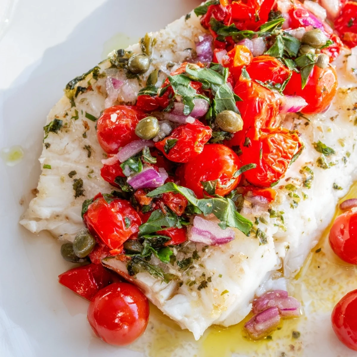 Oven-baked halibut fillets topped with fresh tomato basil relish on a white ceramic plate.