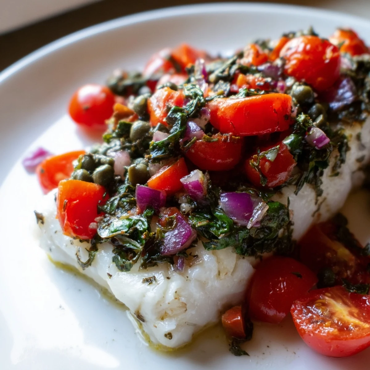 Flaky, tender halibut baked with lemon slices and garnished with a vibrant tomato relish.