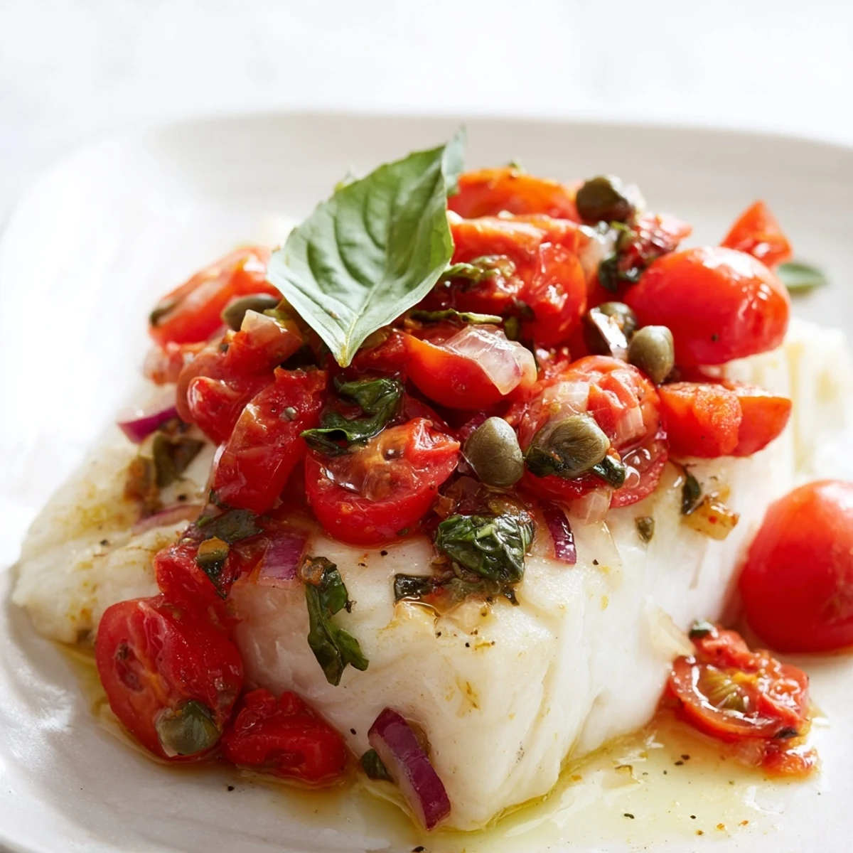 Serving of Baked Halibut with Tomato Basil Relish alongside steamed asparagus and a lemon wedge.