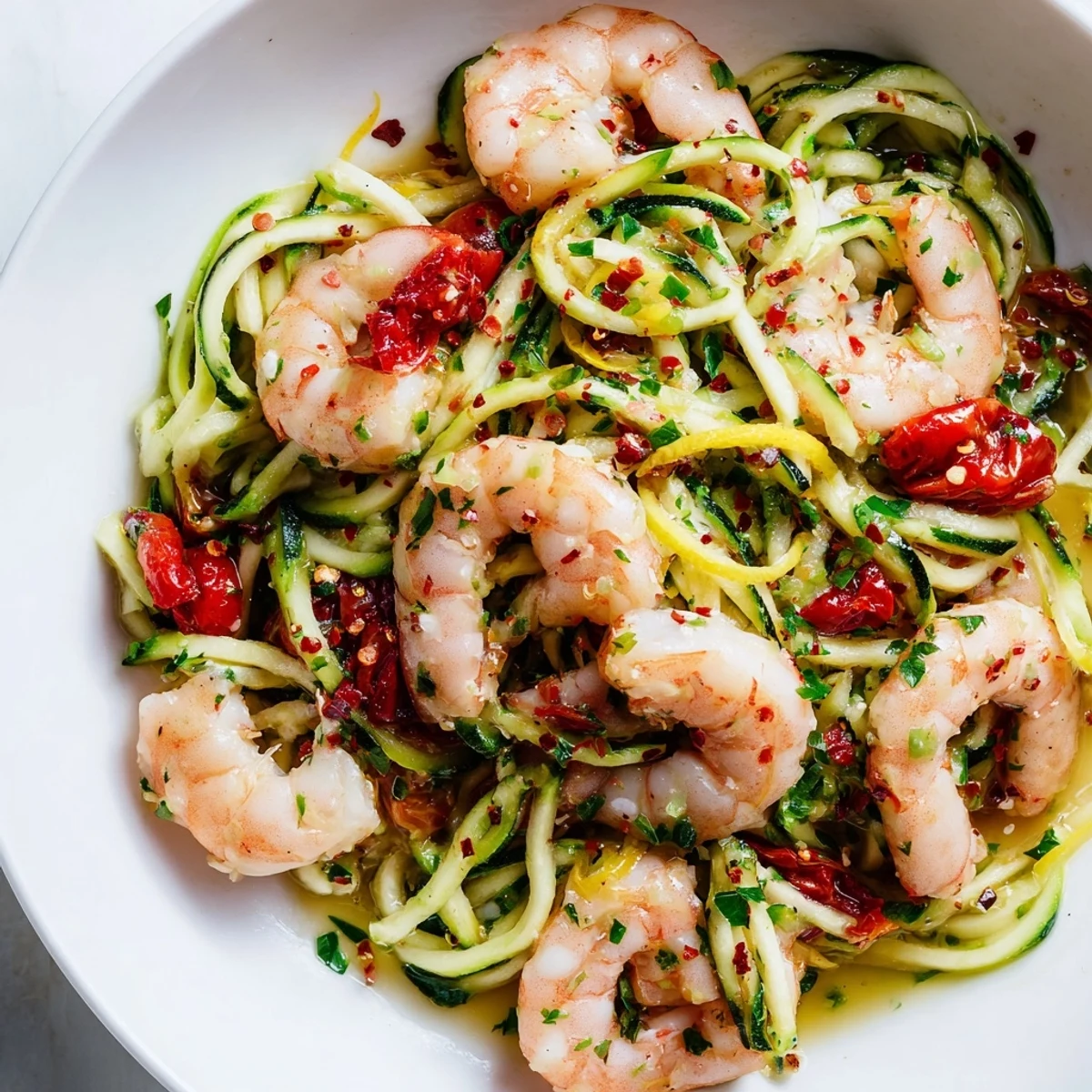Shrimp Scampi with Zucchini Noodles twirls on a fork, drizzled with lemony garlic sauce for a healthy meal.
