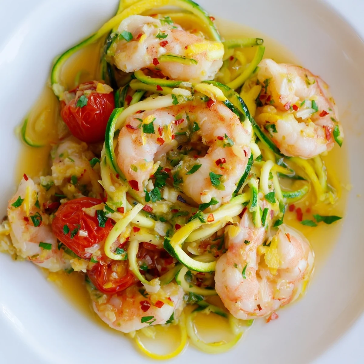 Succulent Shrimp Scampi with Zucchini Noodles is plated with cherry tomatoes, ready for a low-carb dinner.