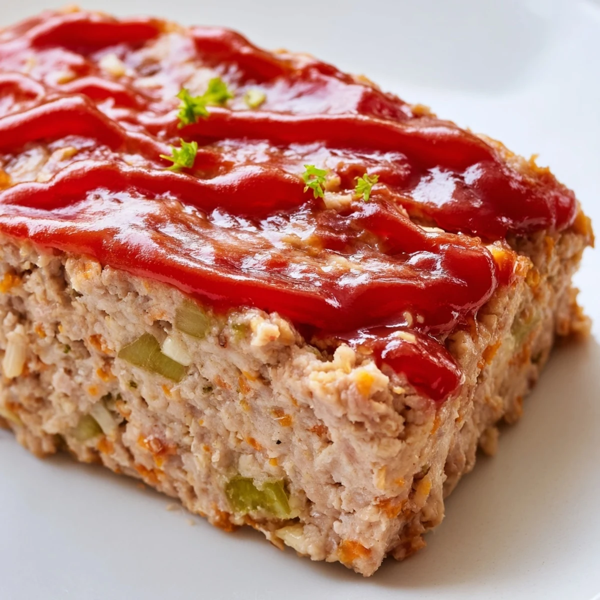 A thick slice of savory turkey loaf on a white plate with a side of green beans and mashed potatoes.