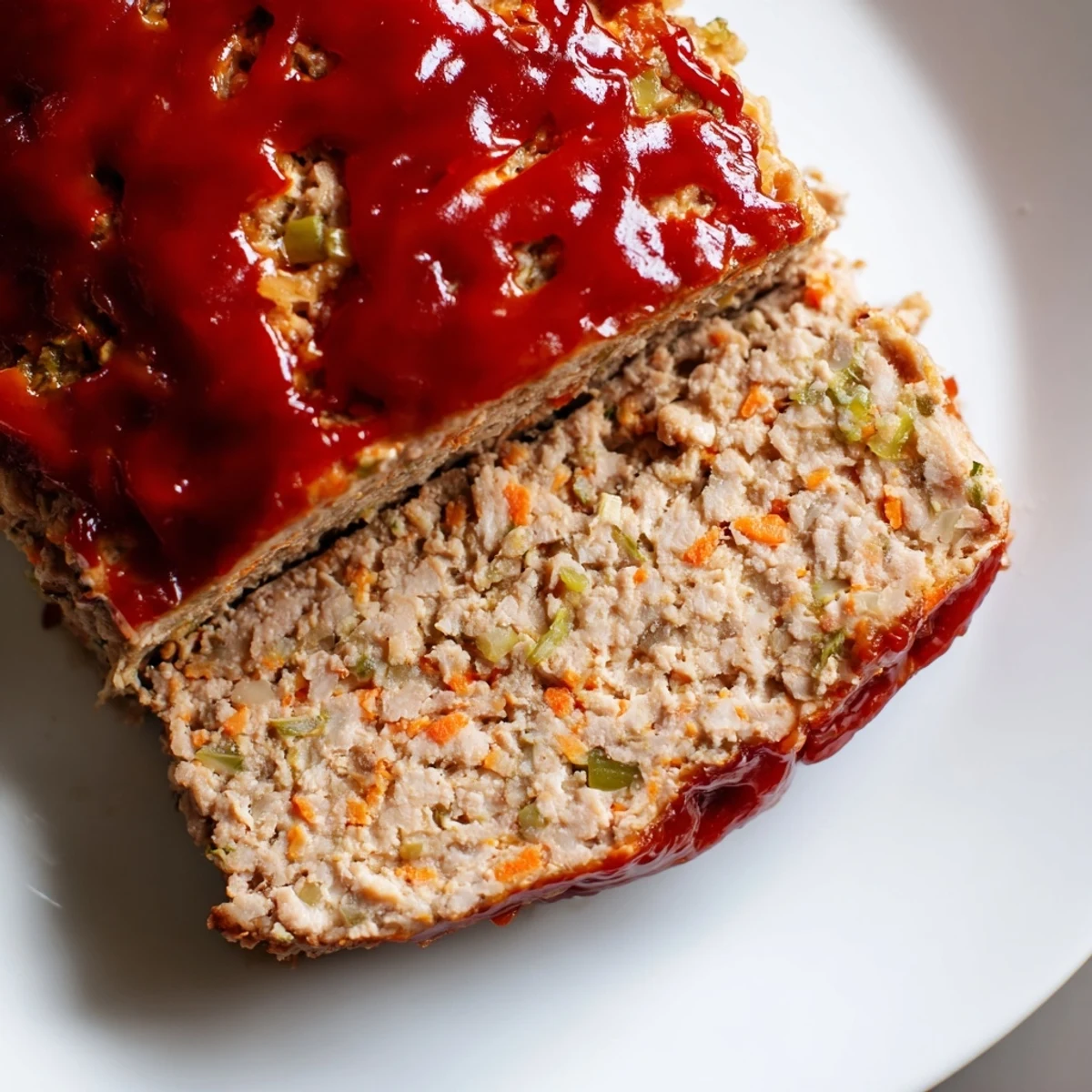 Moist turkey loaf slice with a caramelized ketchup topping and herbs, resting on a rustic wooden cutting board.
