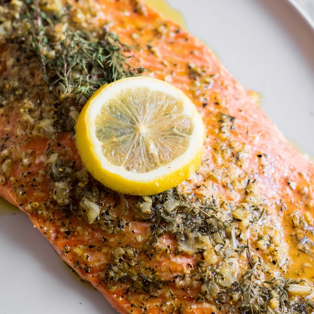 Juicy baked salmon fillet garnished with chopped dill served alongside roasted asparagus for a complete meal.