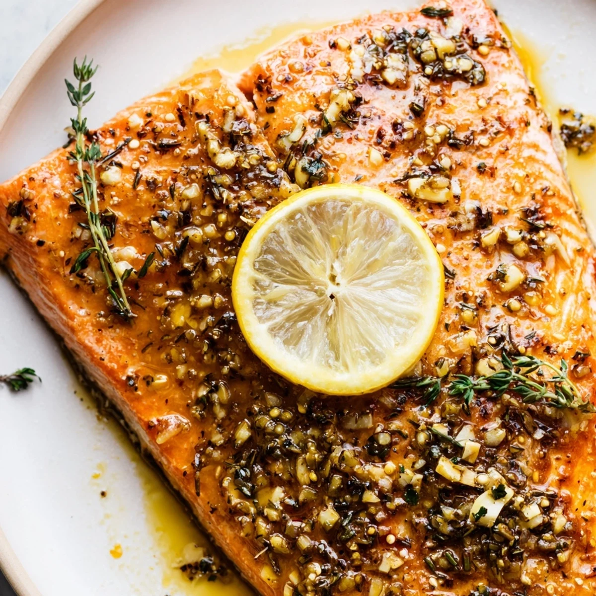 Flaky tender baked salmon fillet with herbs and garlic ready for a healthy weeknight dinner.