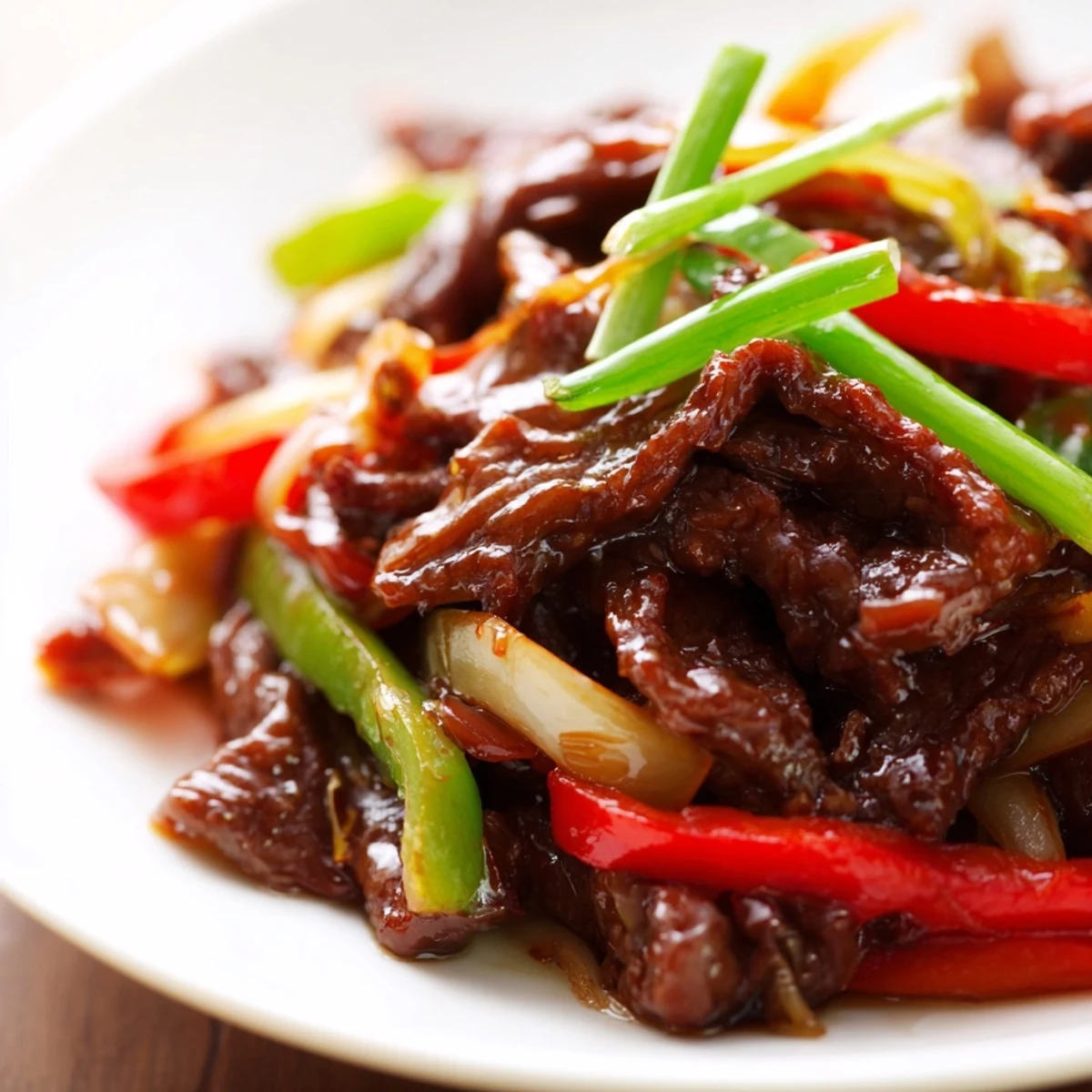 A close-up of spicy stir fry beef with fresh garlic and ginger garnish.